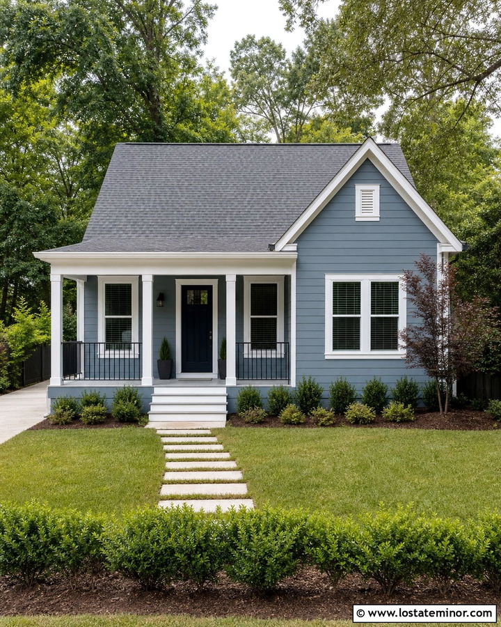 Small Dusty Blue House With Narrow Front Porch - 30 Dusty Blue House Design With Front Porch Ideas