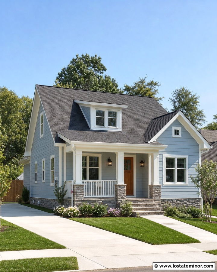 Small Dusty Blue House With Stone Skirting - 30 Dusty Blue House Design With Stone Accents Ideas