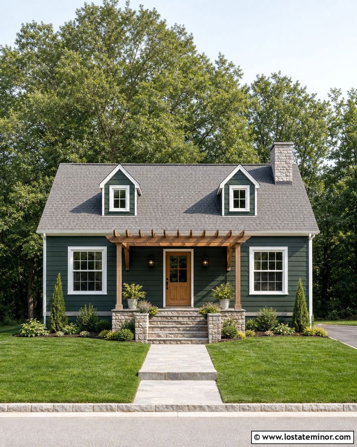Small Forest Green House With Narrow Pergola - 30 Forest Green House Design With Pergola Ideas