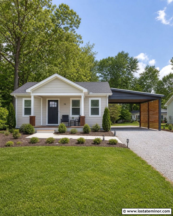 Small Greige House With Budget Carport - 30 Greige House Design With Carport Ideas