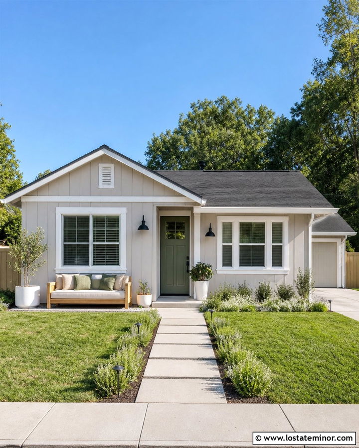 Small Greige House With Compact Porch Daybed - 30 Greige House Design With Daybed Ideas