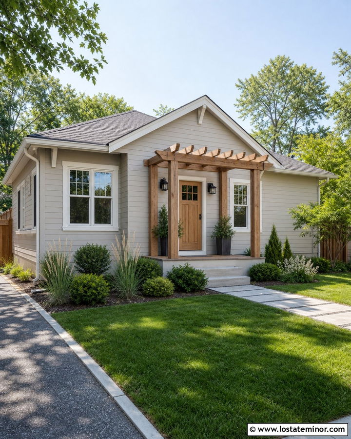 Small Greige House With Simple Pergola - 30 Greige House Design With Pergola Ideas
