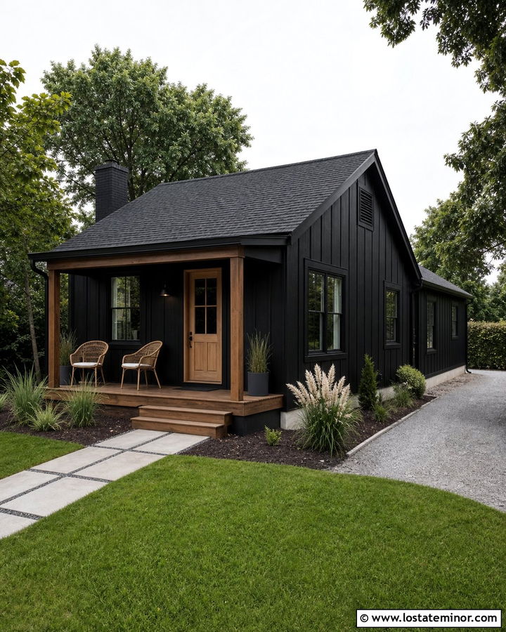 Small Jet Black House With Budget Front Porch - 30 Jet Black House Design With Front Porch Ideas