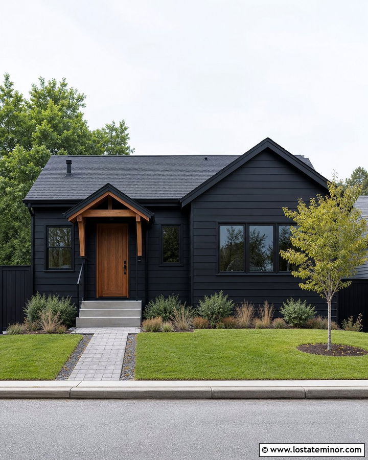 Small Jet Black House With Compact Stoop Steps - 30 Jet Black House Design With Steps Ideas