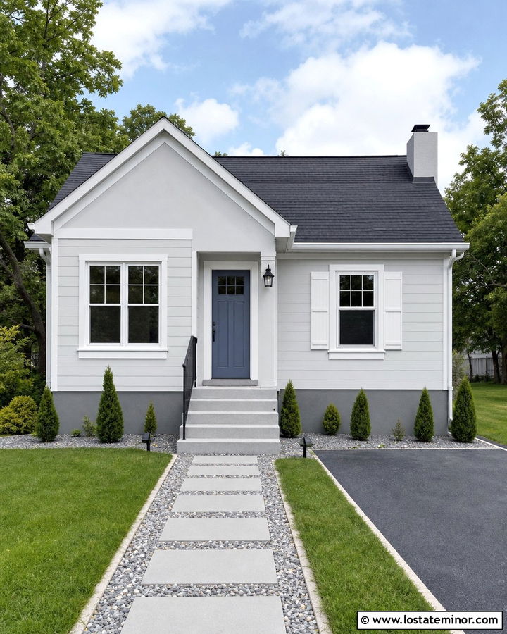 Small Light Gray House With Simple Concrete Steps - 30 Light Grey House Design With Steps Ideas