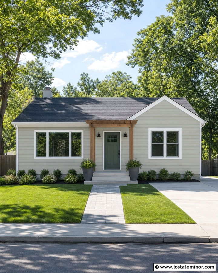 Small Light Grey Ranch With Entry Pergola - 30 Light Grey House Design With Pergola Ideas