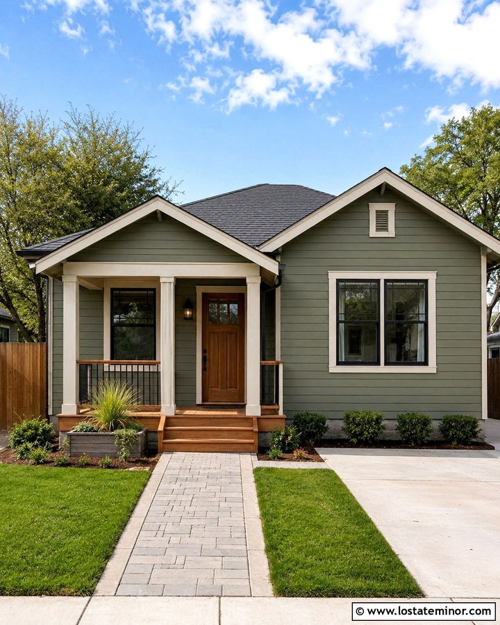 Small Olive Green House With Covered Front Porch - 30 Olive Green House Design With Front Porch Ideas