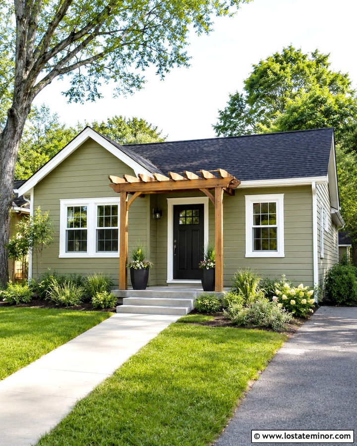 Small Olive Green House With Entry Pergola - 30 Olive Green House Design With Pergola Ideas