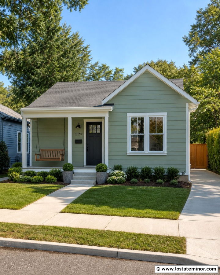 Small Sage Green House With Compact Swing - 30 Sage Green House Design With Swing Ideas