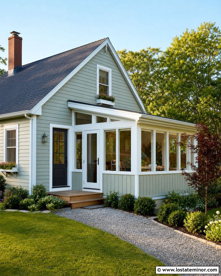 Small Sage Green House With Shed Roof Sunroom - 30 Sage Green House Design With Sunroom Ideas