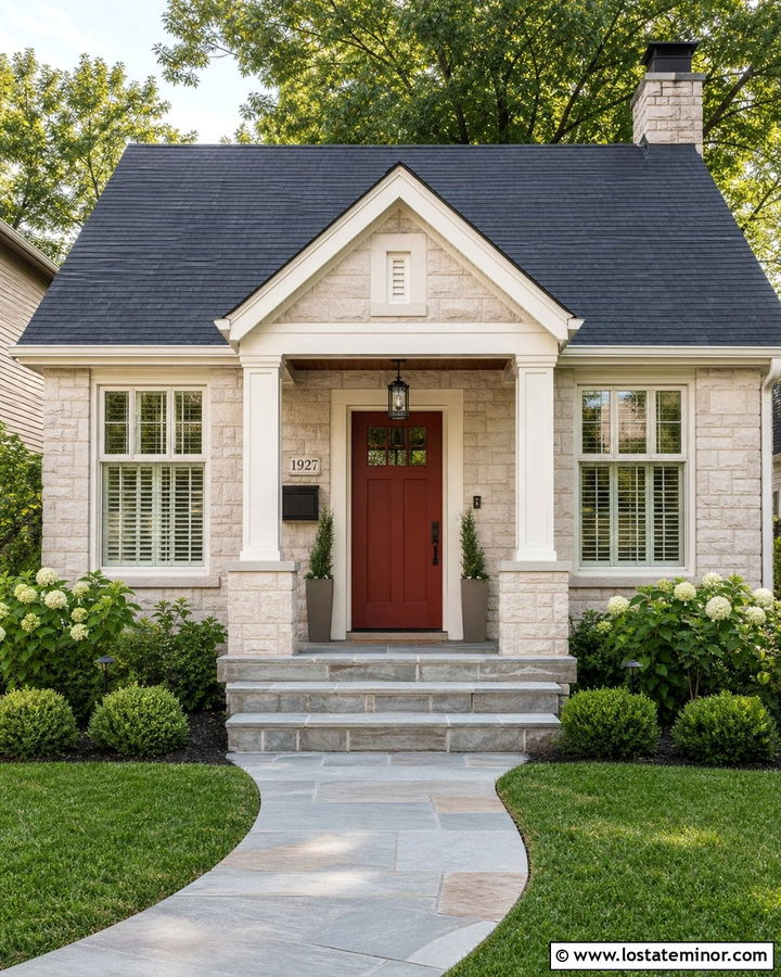 Small Stone House With Compact Front Portico - 30 Stone House Design With Front Porch Ideas