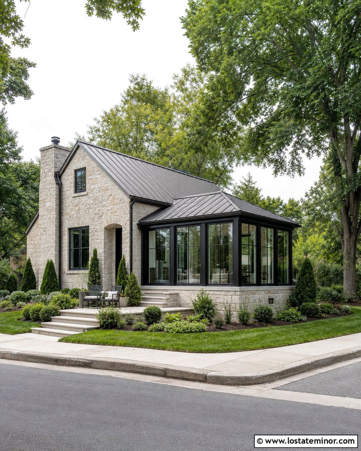 Small Stone House With Corner Sunroom - 30 Stone House Design With Sunroom Ideas