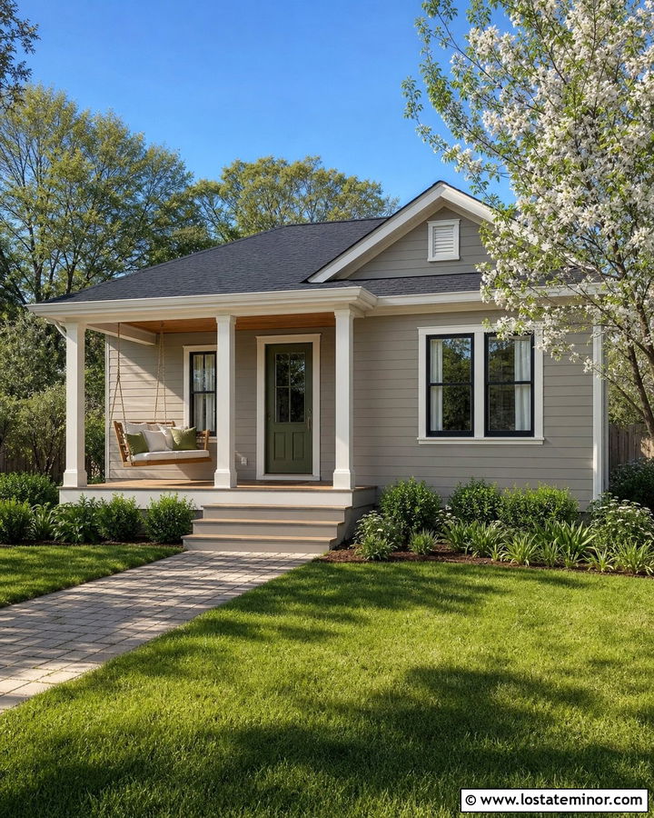 Small Taupe House With Corner Porch Swing - 30 Taupe House Design With Swing Ideas