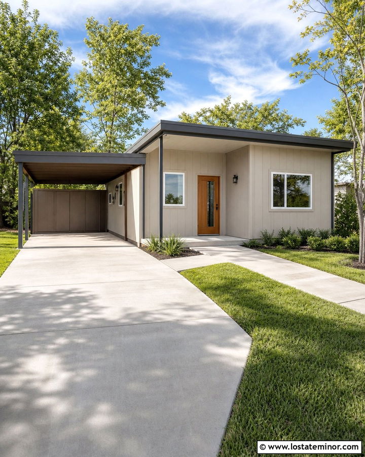 Small Taupe Modular House With Simple Carport - 30 Taupe House Design With Carport Ideas