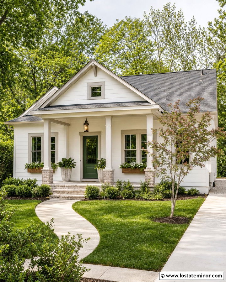 Small Warm White House With Slim Square Columns - 30 Warm White House Design With Porch Columns Ideas