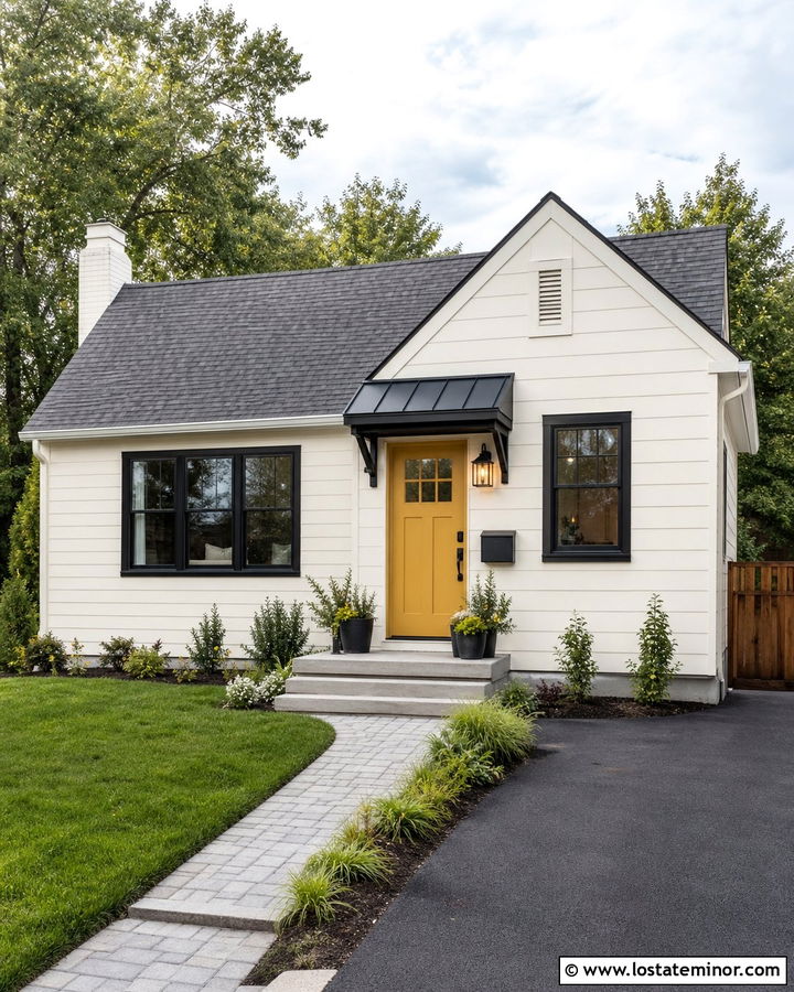 Small White House With Simple Door Awning - 30 White House Design With Awning Ideas