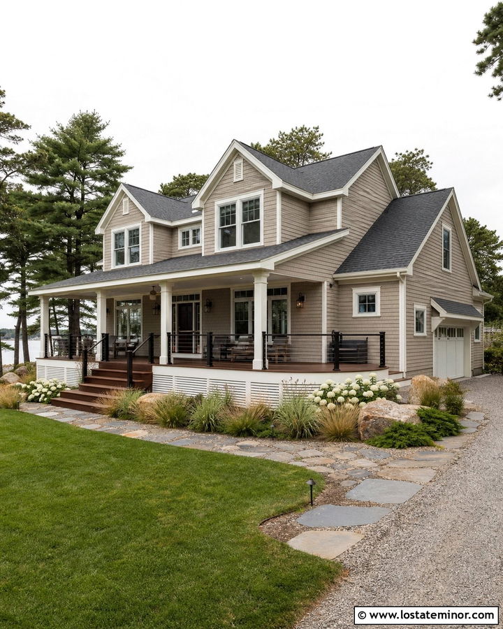 Smokey Beige Shingle House With Ipe Deck - 30 Beige House Design With Deck Ideas