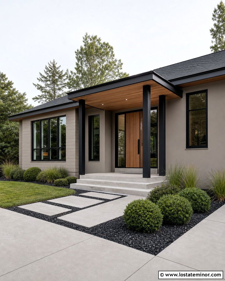 Smokey Taupe Contemporary House With Black Porch Columns - 30 Taupe House Design With Porch Columns Ideas