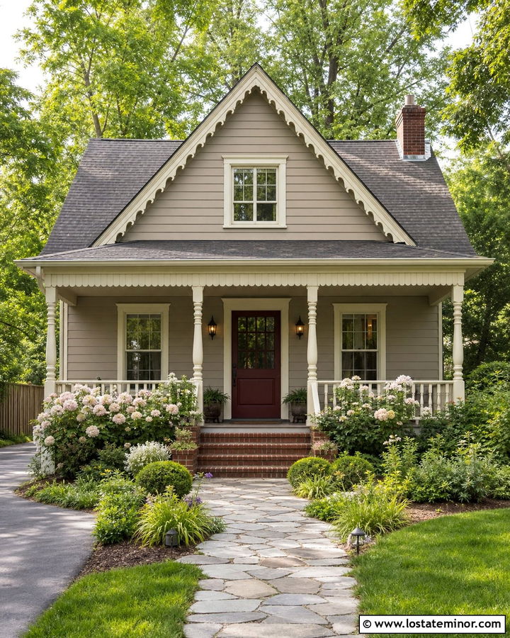 Smokey Taupe Cottage With Cream Porch Columns - 30 Taupe House Design With Porch Columns Ideas