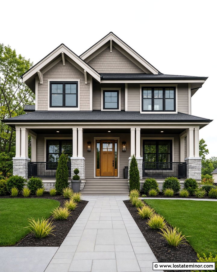 Smokey Taupe House With Black Beadboard Ceiling - 30 Beige House Design With Porch Ceiling Ideas