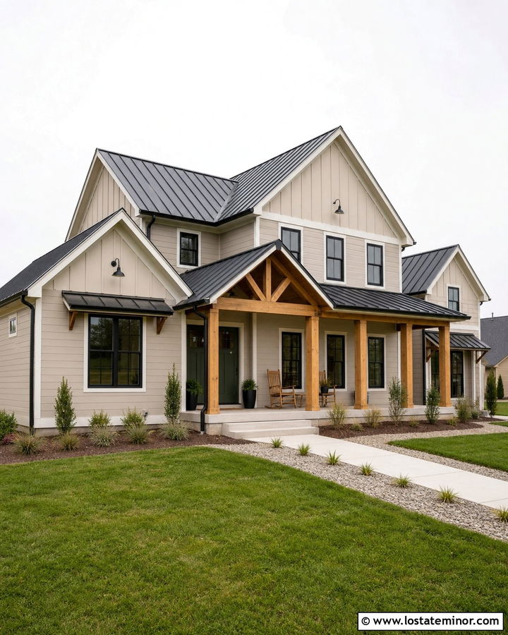 Smoky Beige Farmhouse With Natural Wood Porch Posts - 30 Taupe House Design With Porch Columns Ideas