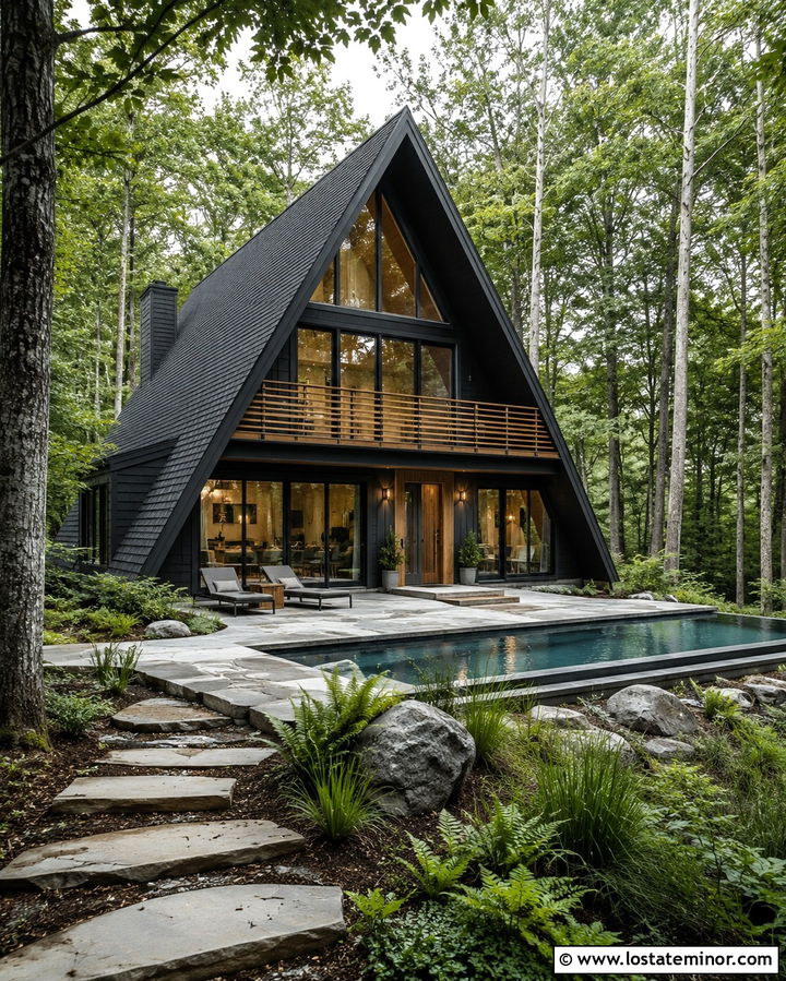 Soft Black A Frame House With Forest Pool - 30 Soft Black House Design With Swimming Pool Ideas