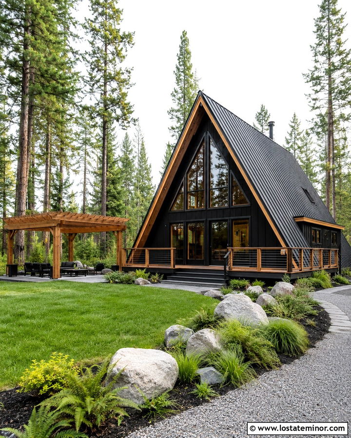 Soft Black A Frame House With Freestanding Pergola - 30 Soft Black House Design With Pergola Ideas