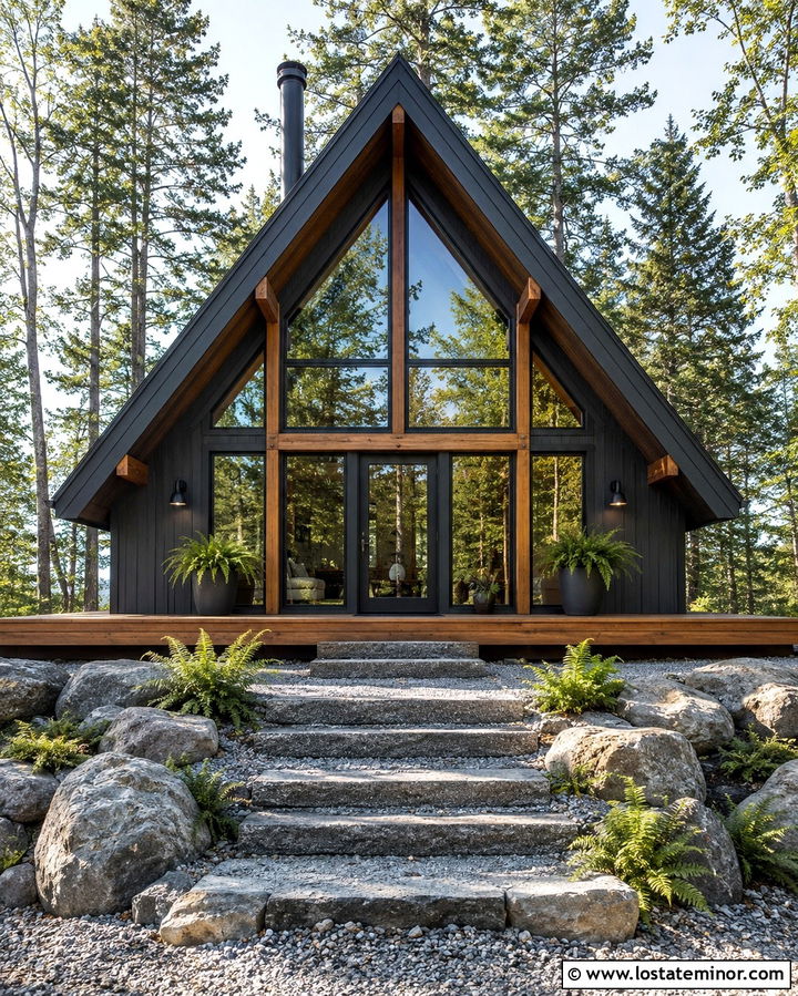 Soft Black A Frame House With Full Glass Door - 30 Soft Black House Design With Entry Door Ideas