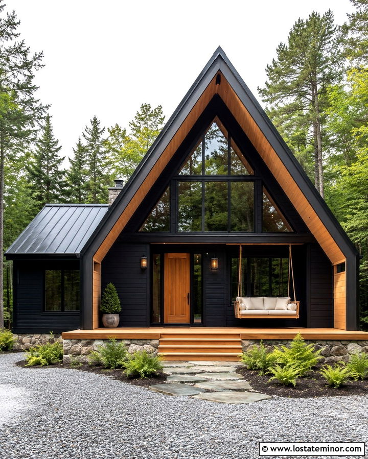 Soft Black A Frame House With Hanging Swing - 30 Soft Black House Design With Swing Ideas