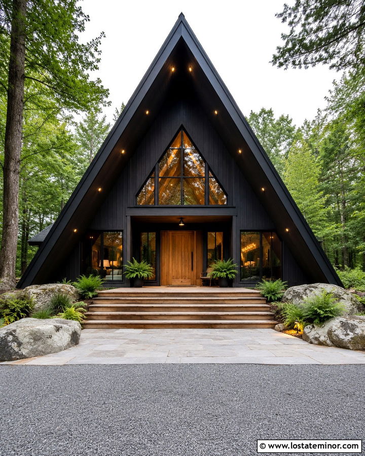 Soft Black A Frame House With Recessed Lights - 30 Soft Black House Design With Light Fixtures Ideas