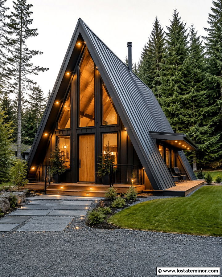 Soft Black A Frame House With Roofline Lighting - 30 Soft Black House Design With Lighting Ideas