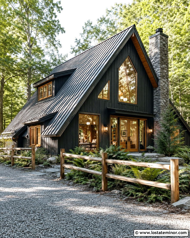 Soft Black A Frame House With Rustic Fence - 30 Soft Black House Design With Fence Ideas