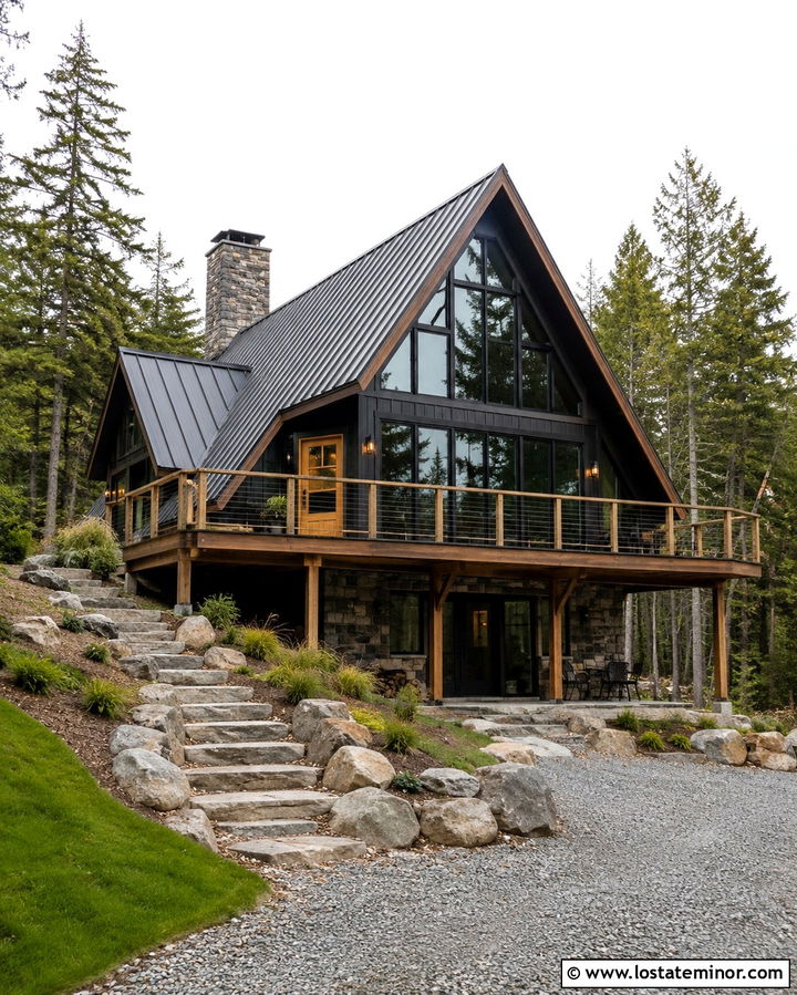 Soft Black A Frame House With Stone Base - 30 Soft Black House Design With Stone Accents Ideas