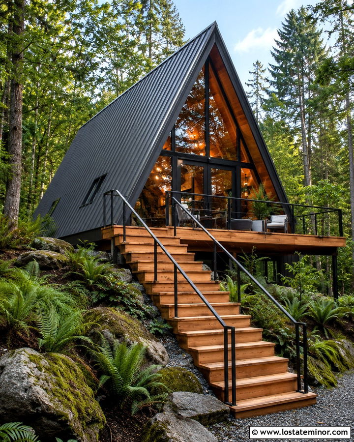 Soft Black A Frame House With Wood Steps - 30 Soft Black House Design With Steps Ideas