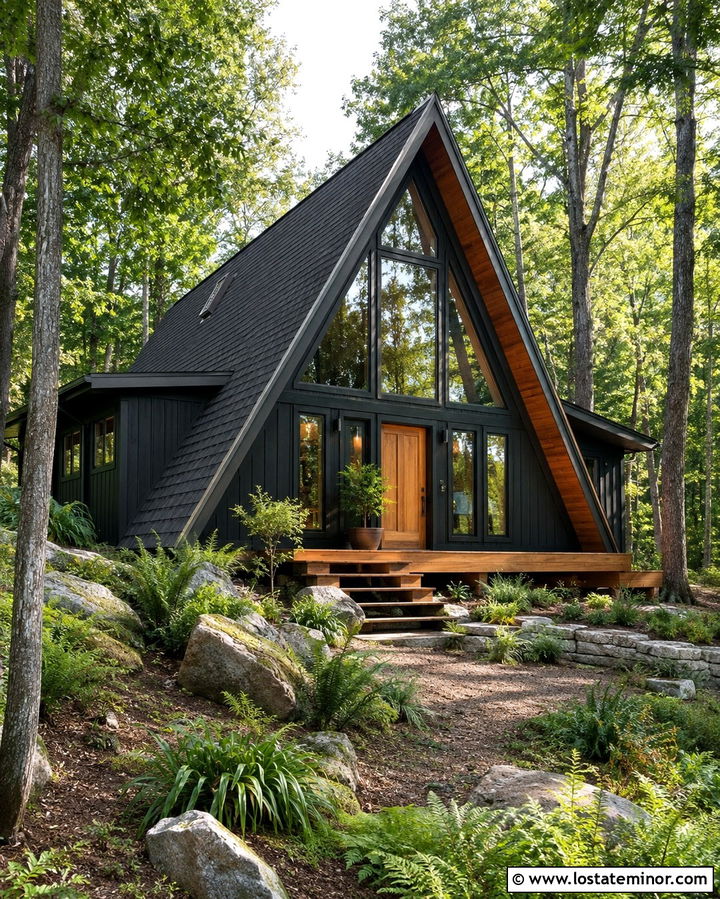 Soft Black A Frame House With Woodland Landscaping - 30 Soft Black House Design With Landscaping Ideas