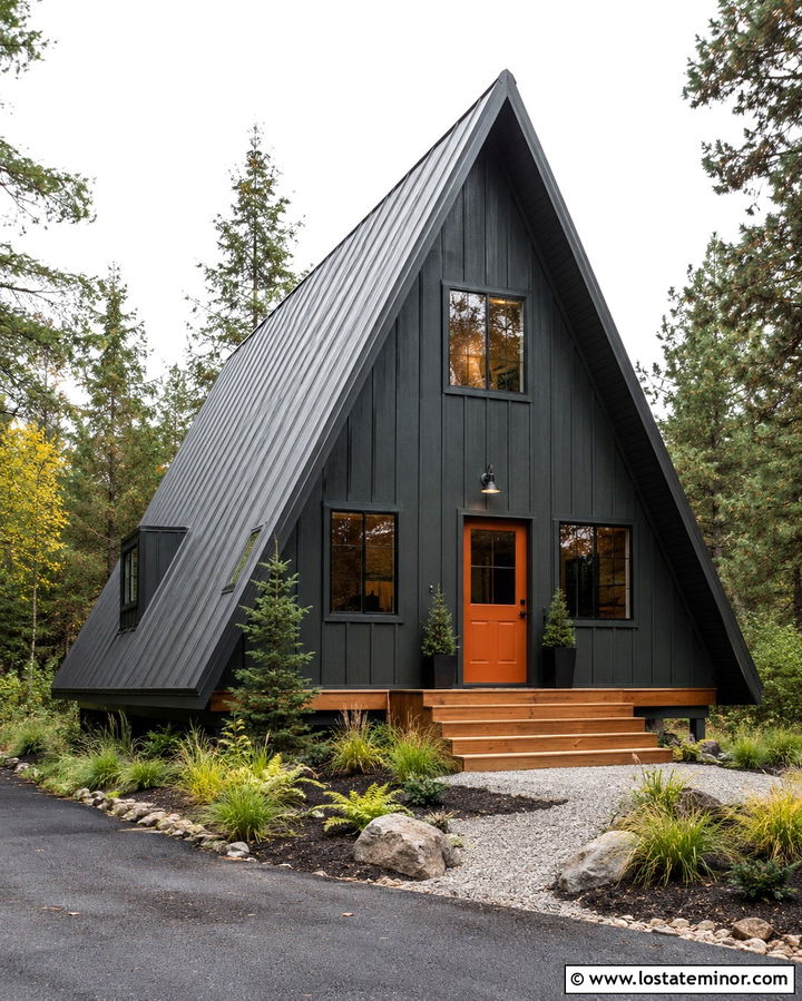 Soft Black A Frame With Orange Dutch Door - 30 Soft Black House Design With Dutch Door Ideas