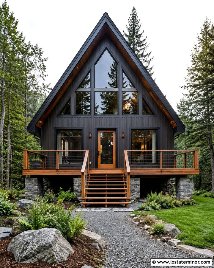 Soft Black A Frame With Raised Front Porch - 30 Soft Black House Design With Front Porch Ideas