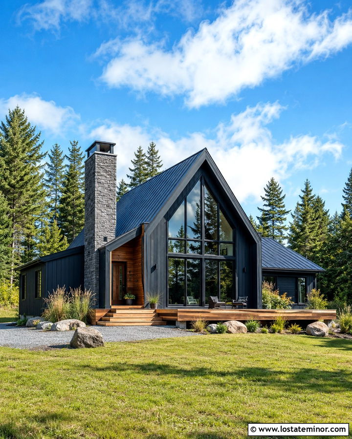 Soft Black A Frame With Tall Stone Chimney - 30 Soft Black House Design With Chimney Ideas