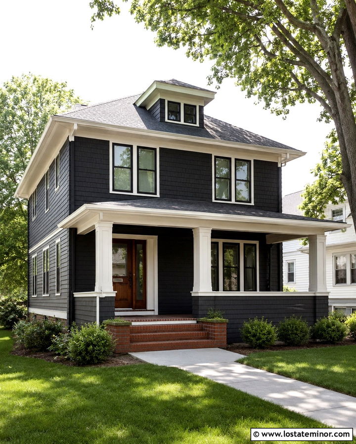 Soft Black American Foursquare With Gray Shingles - 30 Soft Black House Design With Shingles Ideas