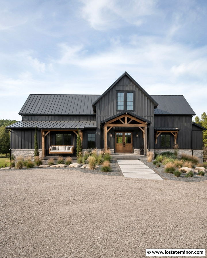 Soft Black Barn House With Porch Bed Swing - 30 Soft Black House Design With Swing Ideas