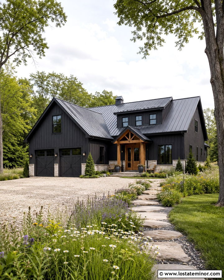 Soft Black Barn House With Wildflower Landscaping - 30 Soft Black House Design With Landscaping Ideas