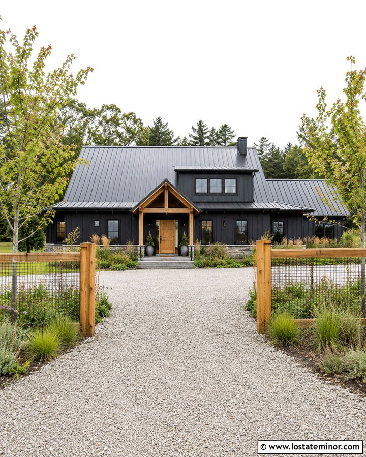 Soft Black Barn House With Wire Fence - 30 Soft Black House Design With Fence Ideas