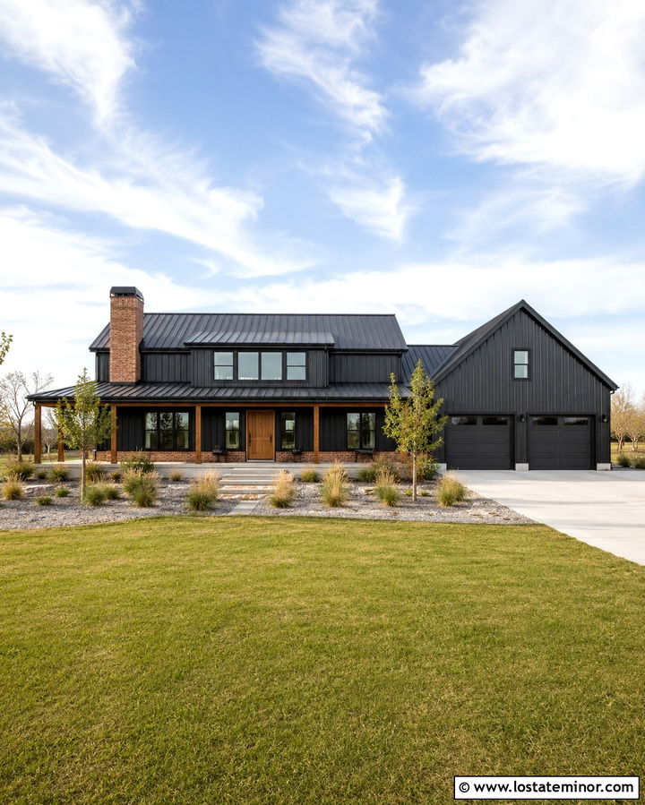 Soft Black Barndominium With Brick Chimney - 30 Soft Black House Design With Chimney Ideas