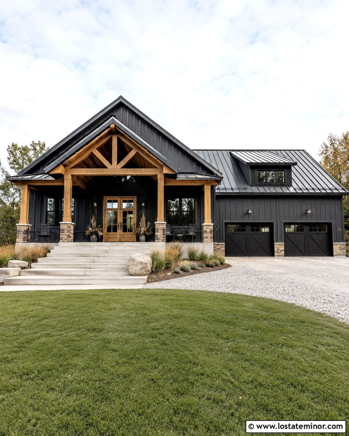 Soft Black Barndominium With Metal Roof Porch - 30 Soft Black House Design With Front Porch Ideas