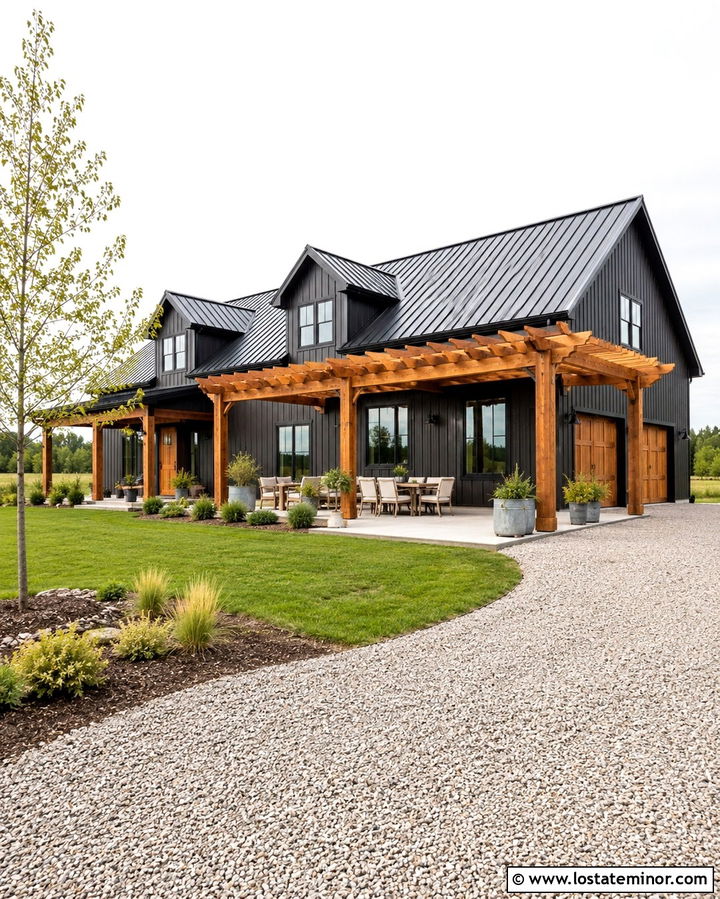 Soft Black Barndominium With Oversized Pergola - 30 Soft Black House Design With Pergola Ideas