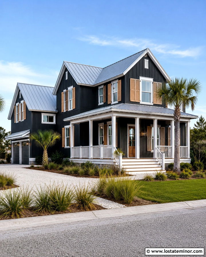Soft Black Beach House With Tan Bahama Shutters - 30 Soft Black House Design With Shutters Ideas