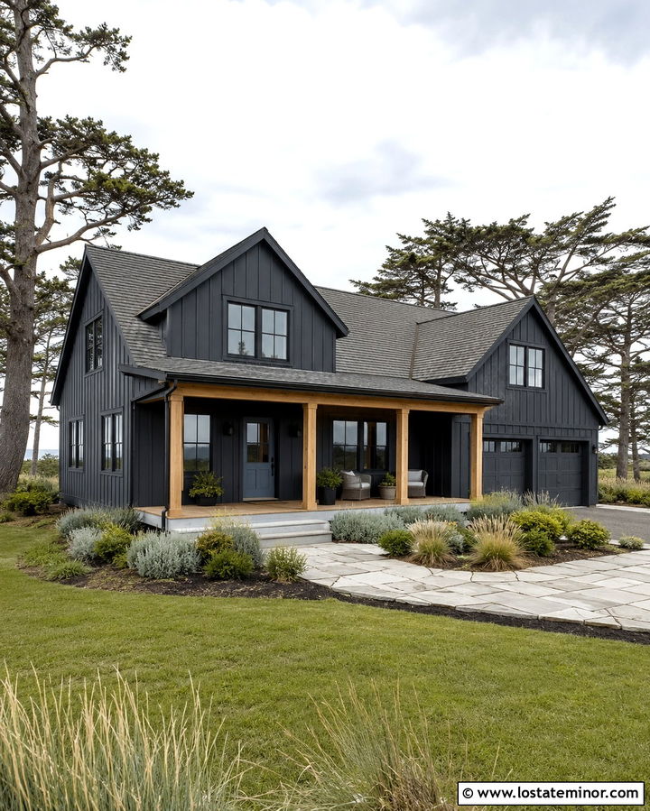 Soft Black Board And Batten With Blue Front Door - 30 Soft Black House Design With Board and Batten Ideas