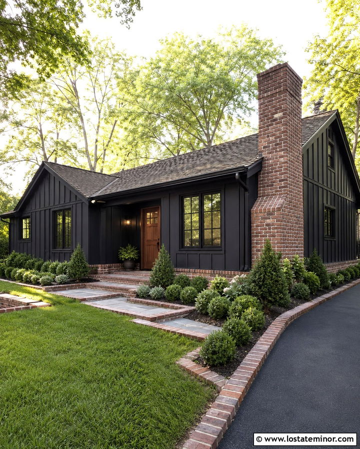 Soft Black Board And Batten With Brick Chimney - 30 Soft Black House Design With Board and Batten Ideas