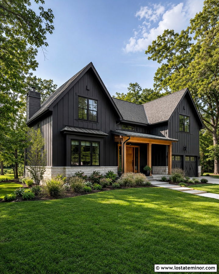 Soft Black Board And Batten With Cedar Porch - 30 Soft Black House Design With Board and Batten Ideas