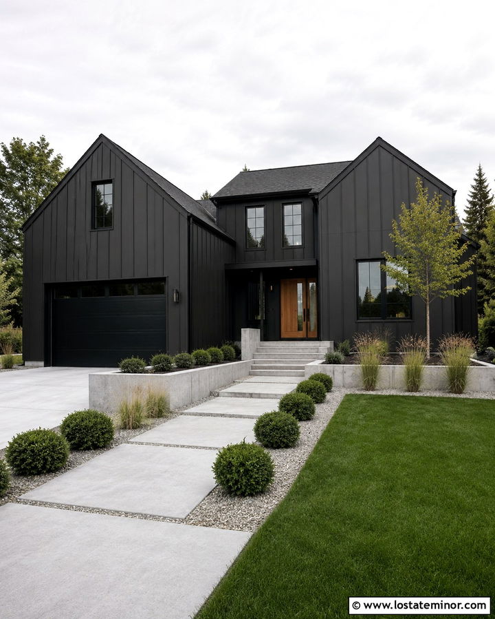Soft Black Board And Batten With Concrete Accents - 30 Soft Black House Design With Board and Batten Ideas